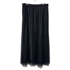 Shimmery Black Pleated Tulle Midi Skirt L Evening Cocktail Party Dark Romantic